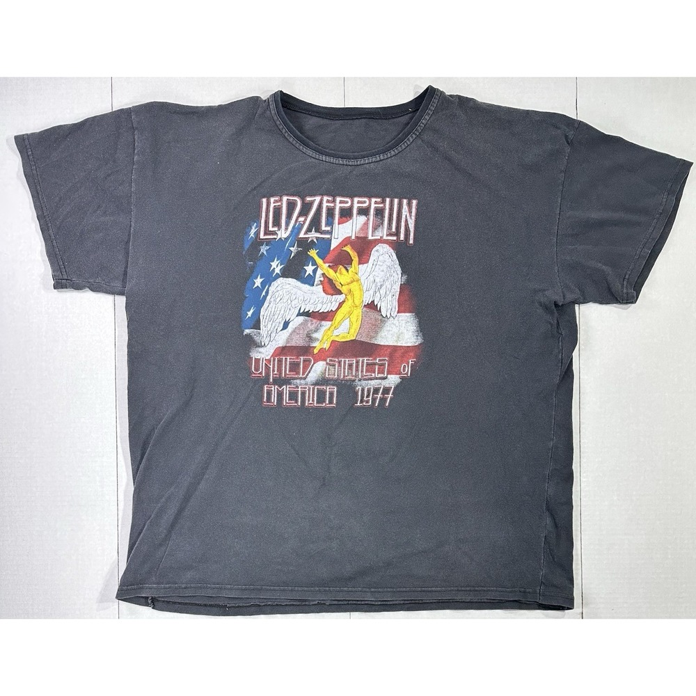 Led Zeppelin 1977 Tour Tee Black USA Flag Graphic Rock Band T-Shirt Men's XL